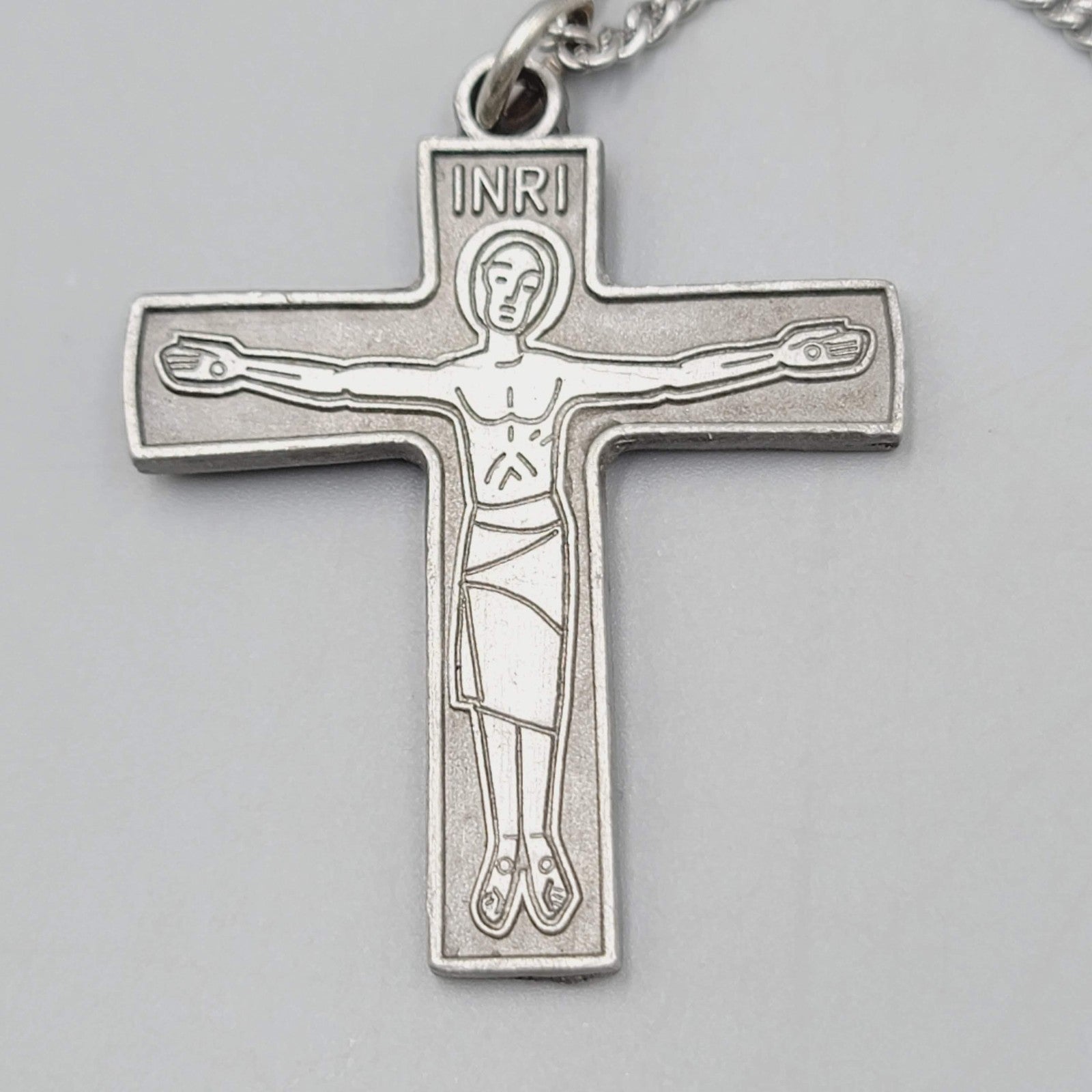 Christian Cross Necklace 30" Silver Tone Jesus Crucifix INRI Pendant Chain 30"