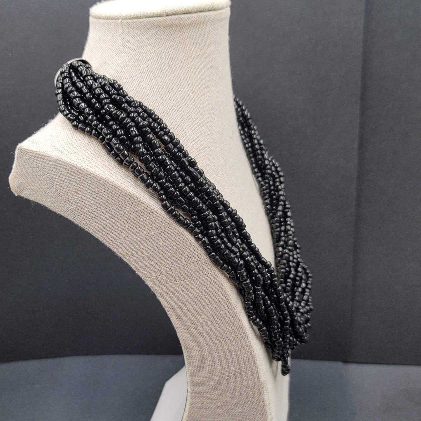 Black Glass Seed Bead 12 Strand Necklace Silver tone 20"-22.5"