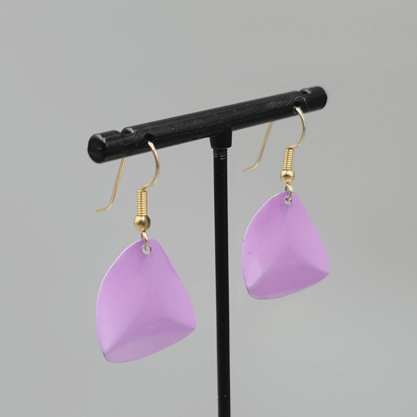 Vintage Pierced Earrings Gold tone Purple Enamel over Metal Dangle 1"