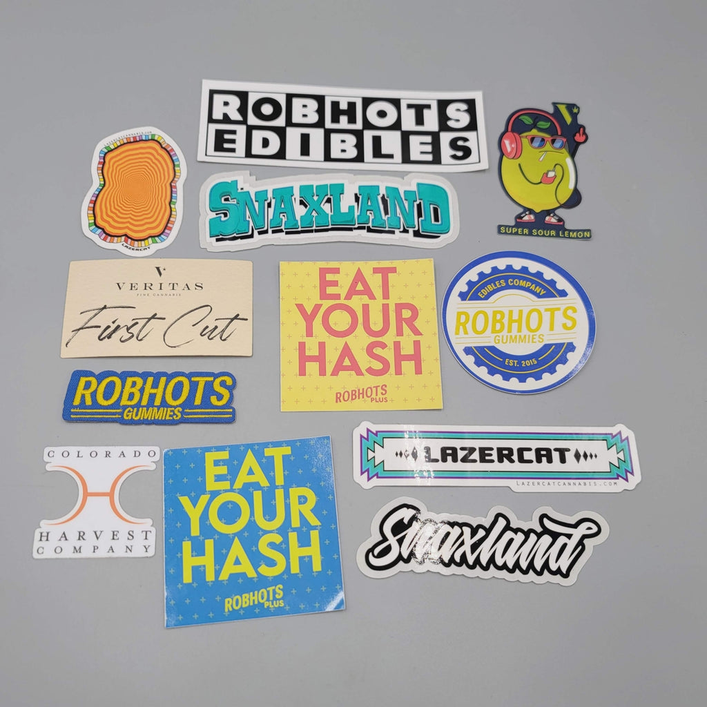 Dispensary Sticker Lot Robhots LazerCat Snaxland Veritas Colorado Harvest