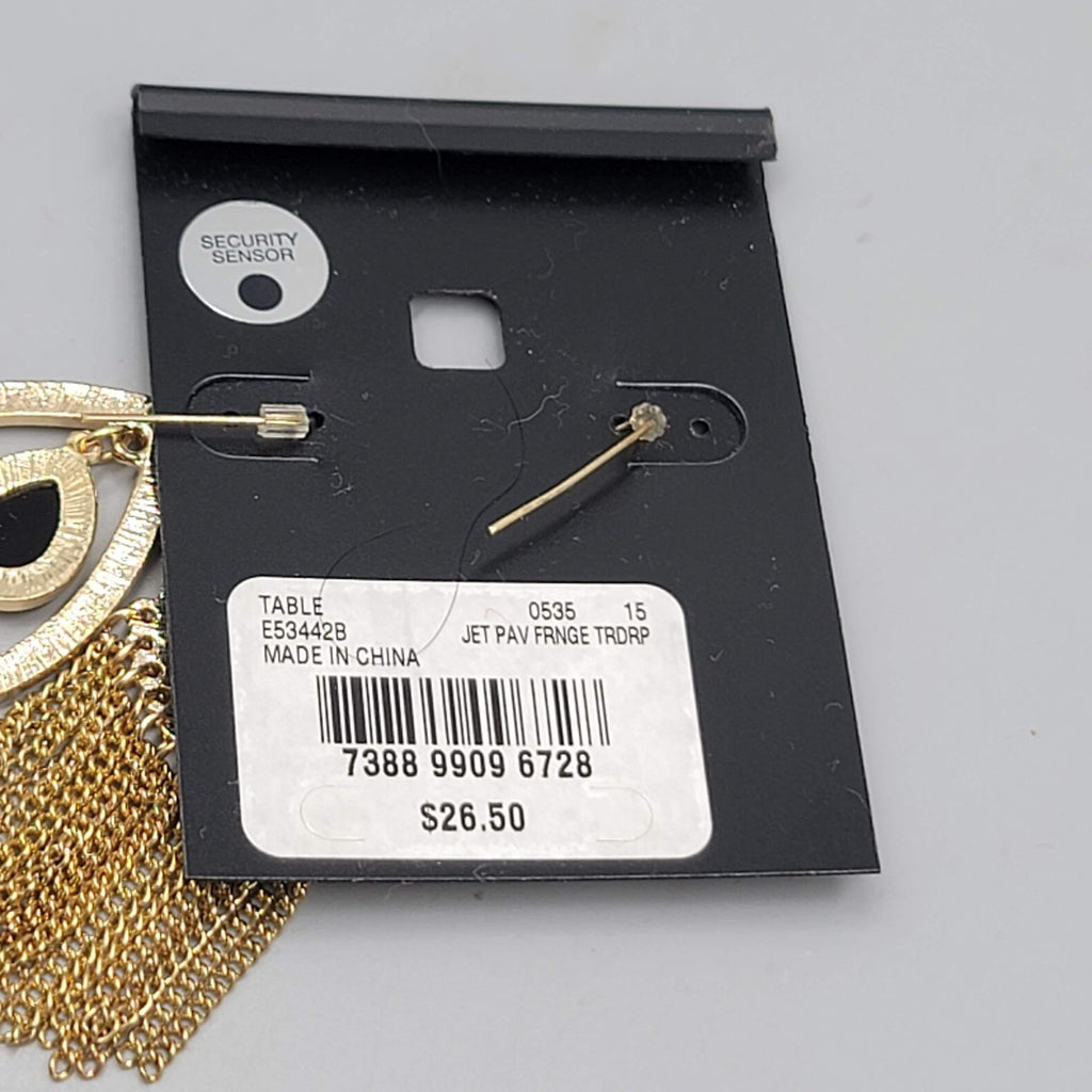 Thalia Sodi Fringe Pierced Earrings Black Teardrop Gold tone Dangle NWT 2.5"