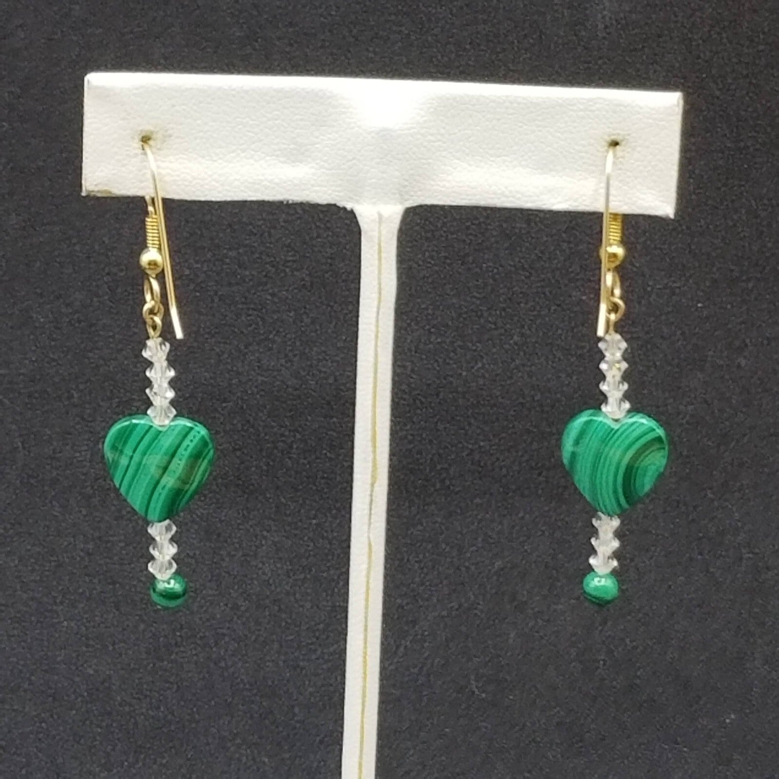 Pierced Earrings Gold tone Green Malachite Heart Crystal Beaded Dangle 1 3/8"