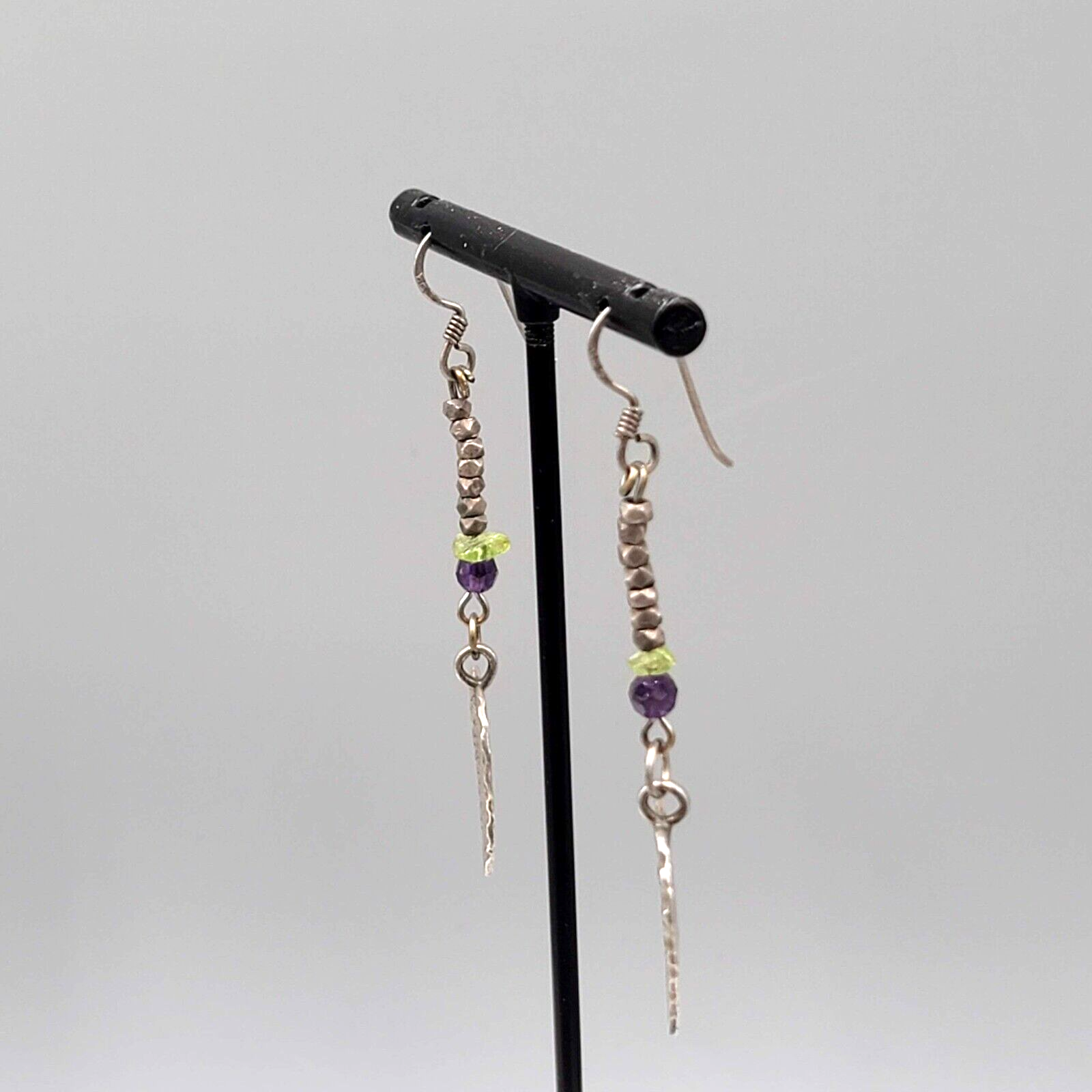 Vintage Pierced Earrings Silver tone Engraved Leaf Bead Dangle 1.75"