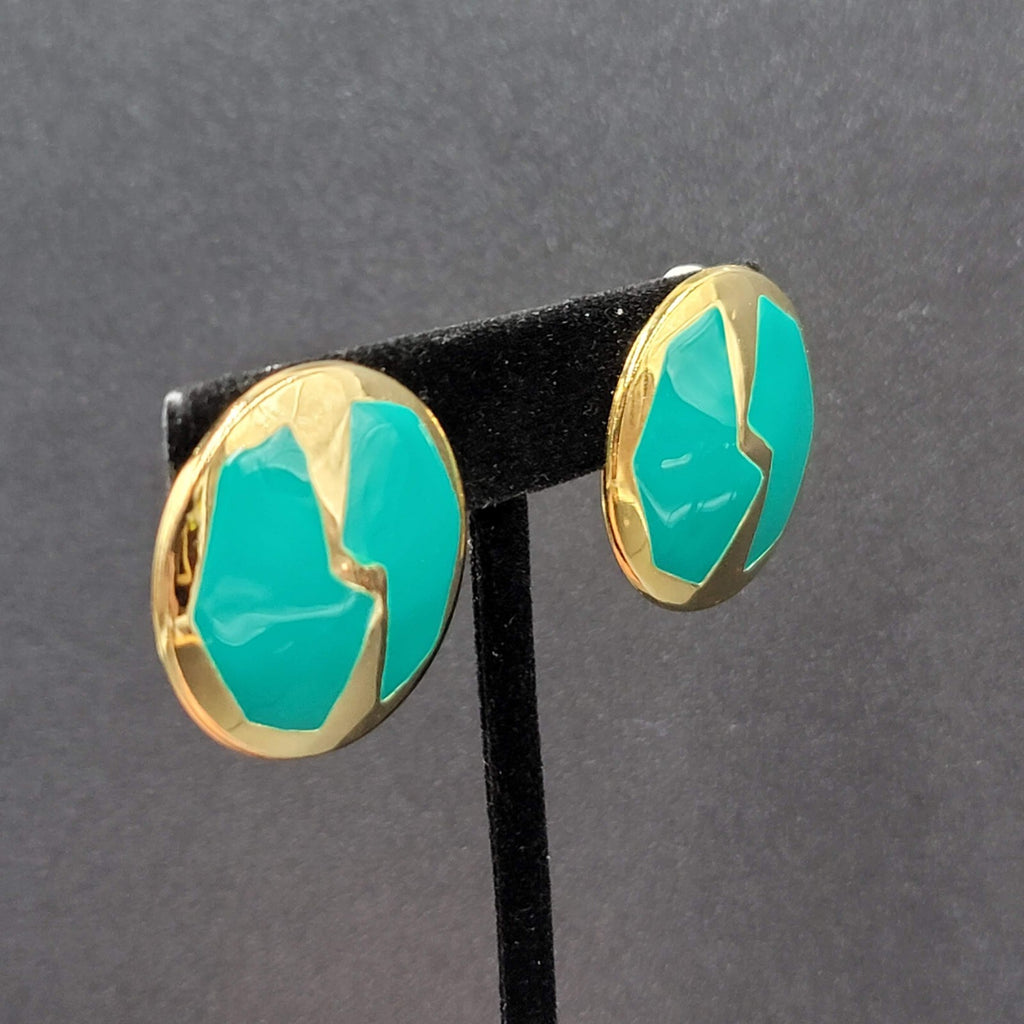 Vintage Clip on Earrings Gold tone Green Enamel Round 1 1/8"
