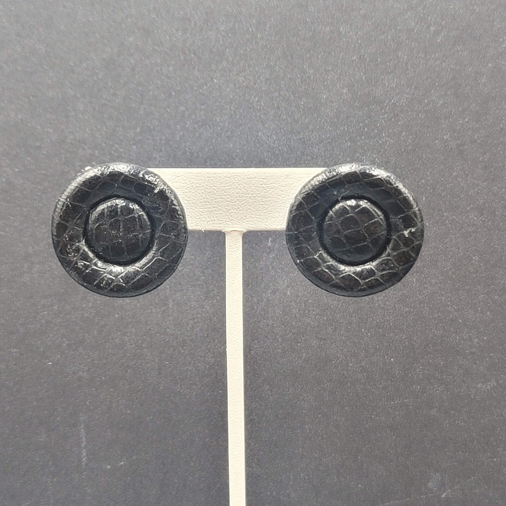 Vintage Pierced Earrings Faux Snake Skin Black Button Studs 1 1/8"