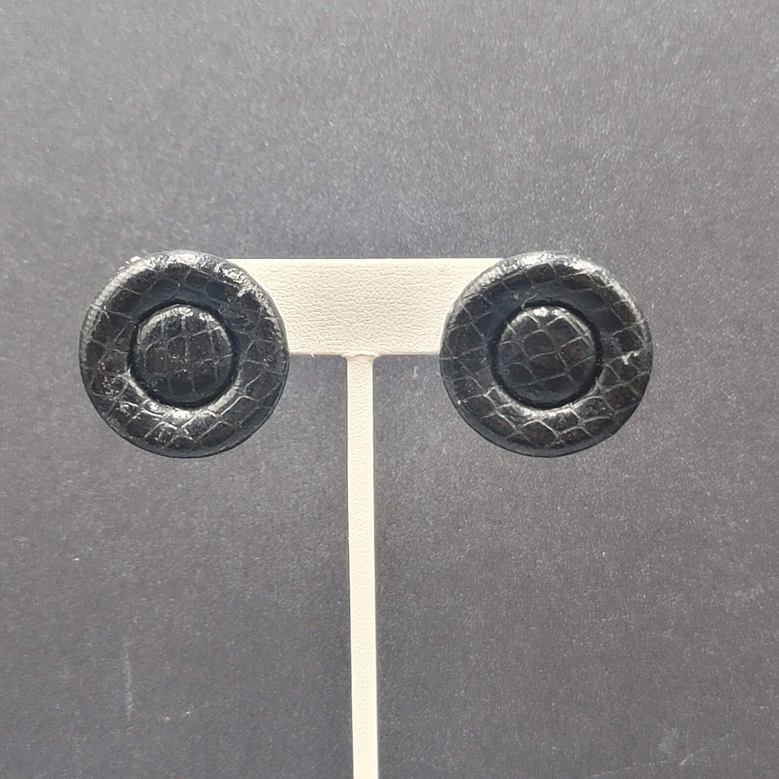 Vintage Pierced Earrings Faux Snake Skin Black Button Studs 1 1/8"