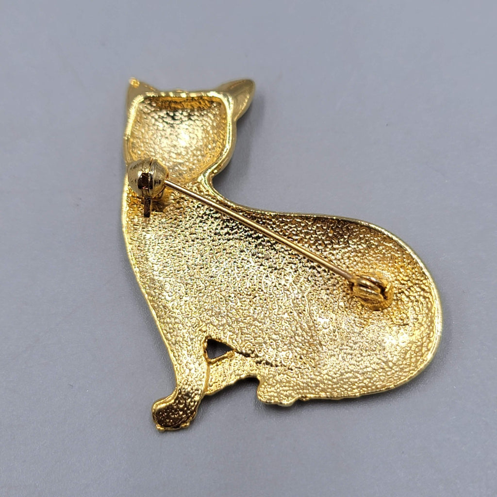 Vintage Enamel Kitty Cat Brooch Gold tone 1.5 in