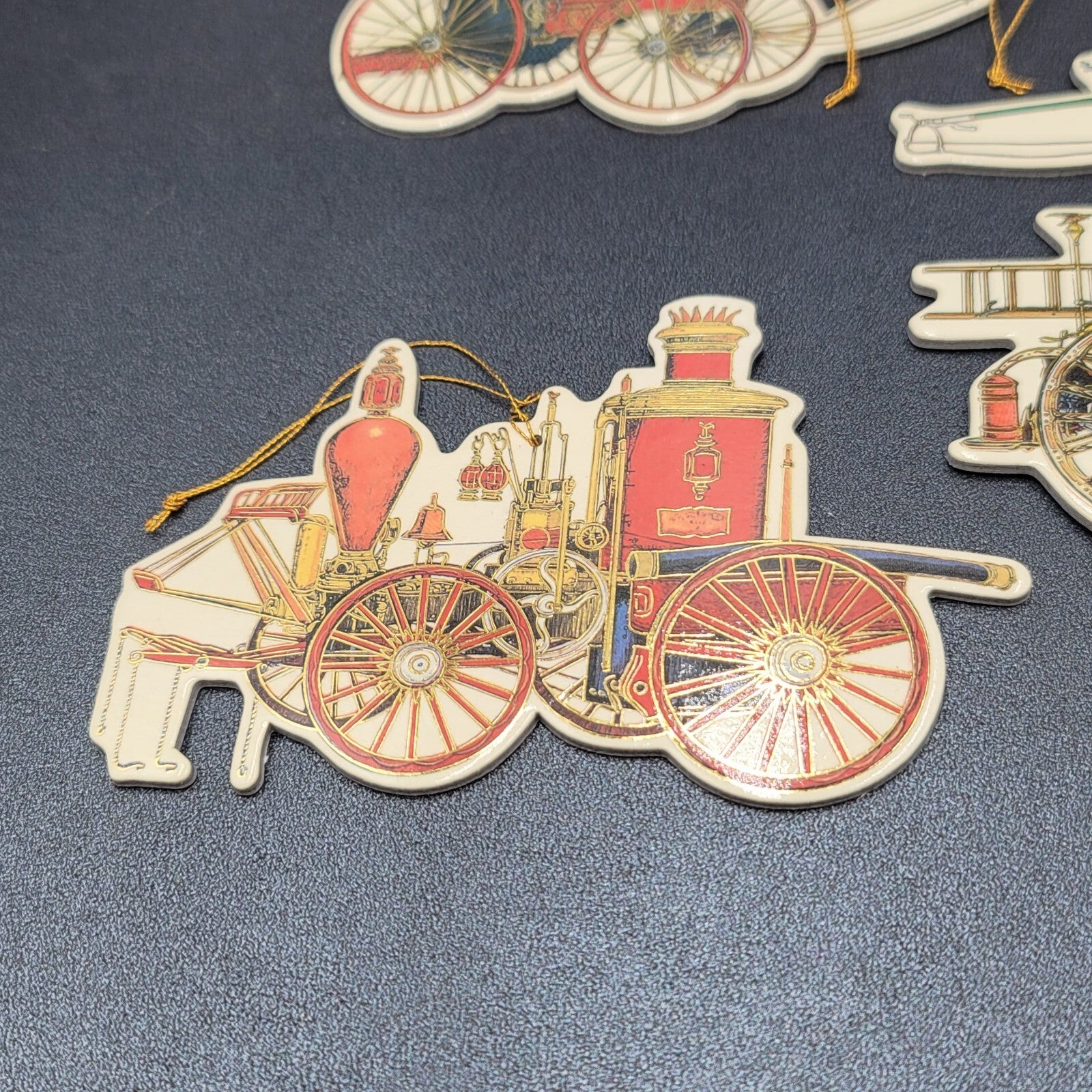 Vintage Shackman Diecut Gold Stamped 4 Ornaments Vehicles 1999