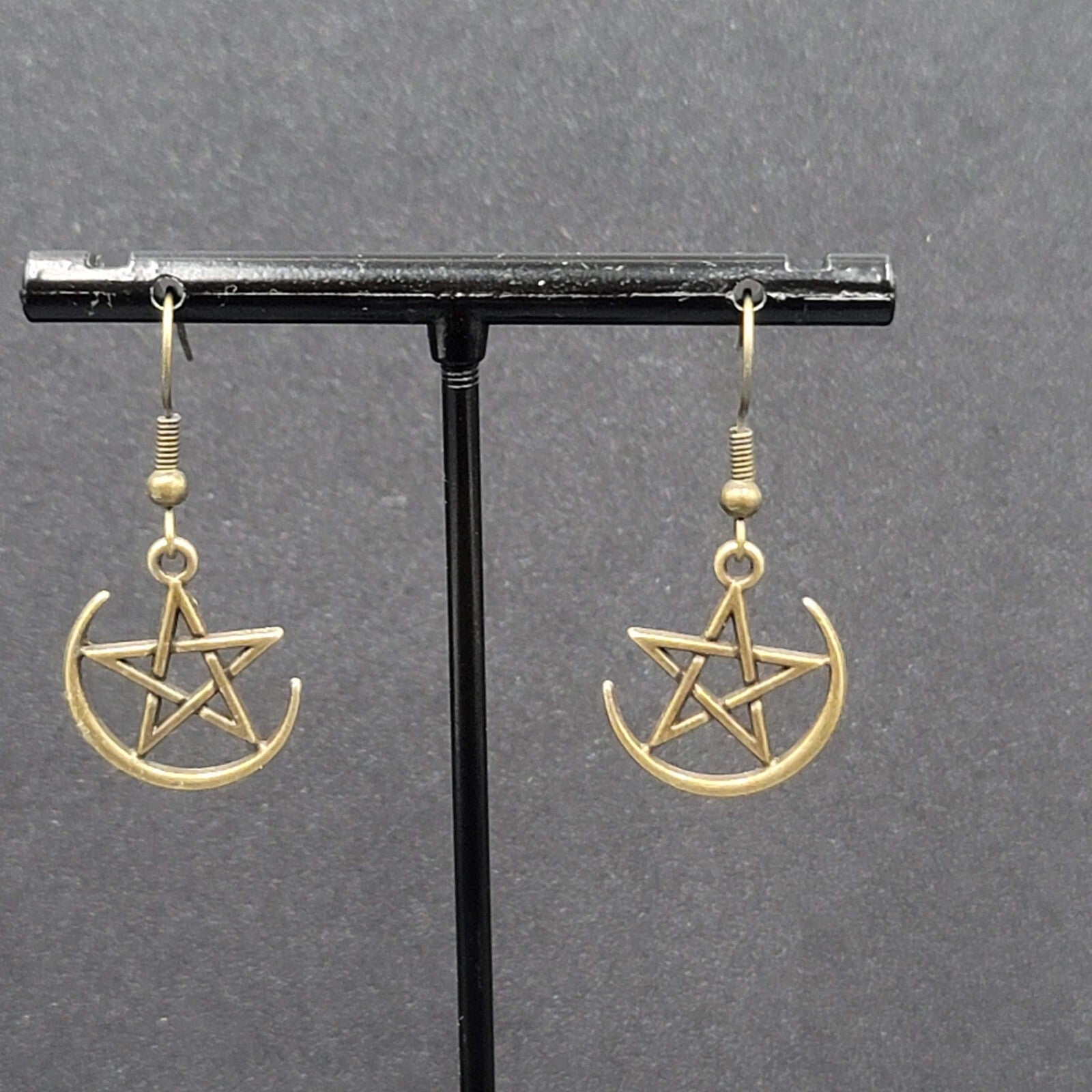 Pentagram Pierced Earrings Half Moon Star Bronze tone Dangle 3/4"