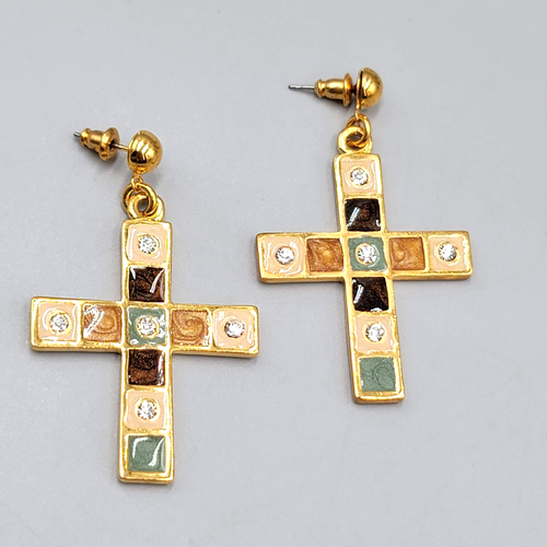 Cross Pierced Earrings Gold Plated Enamel Rhinestone Crystal Dangle 1.75"