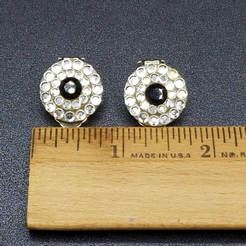 Vintage Clip on Earrings Black Crystal Button Style Stud 3/4"