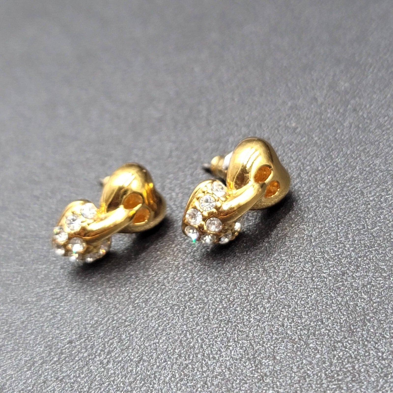 Vintage Pierced Earrings Gold Plated Heart Drop Crystal Rhinestone 5/8"