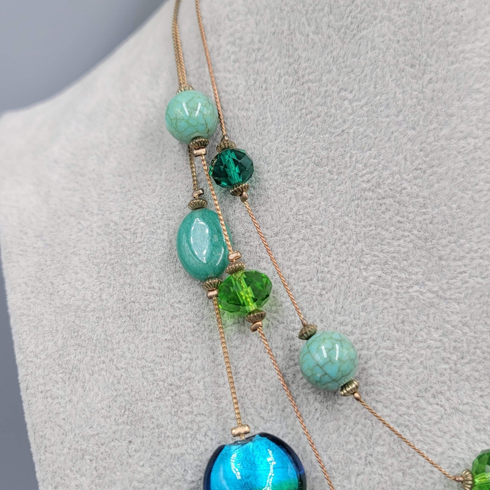 Triple Chain Blue Green Glass Bead Necklace Gold tone 16"-18"