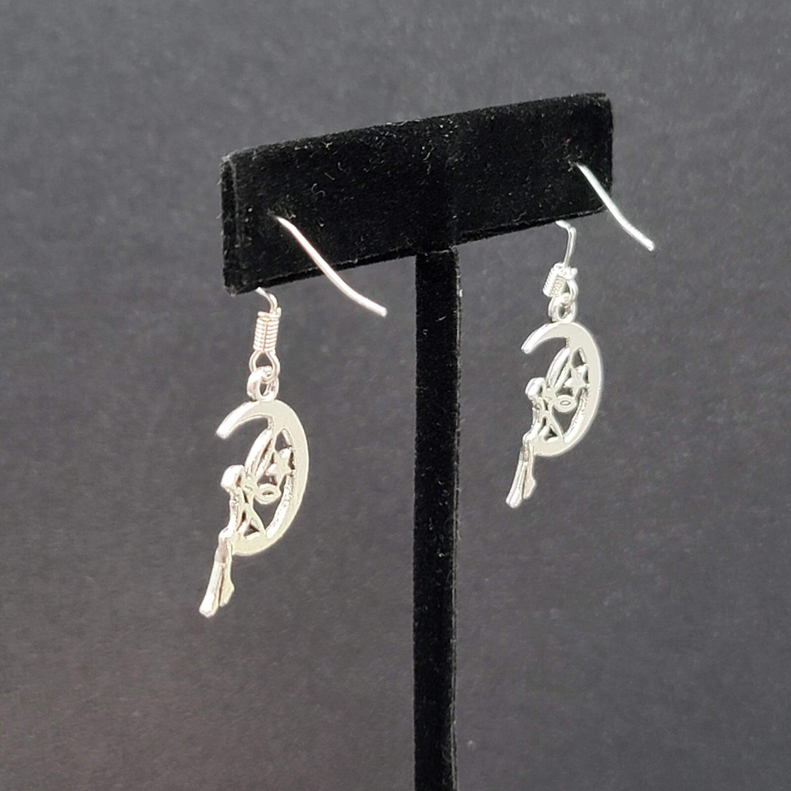 Fairy Moon Pierced Earrings Silver tone Dangle  1"