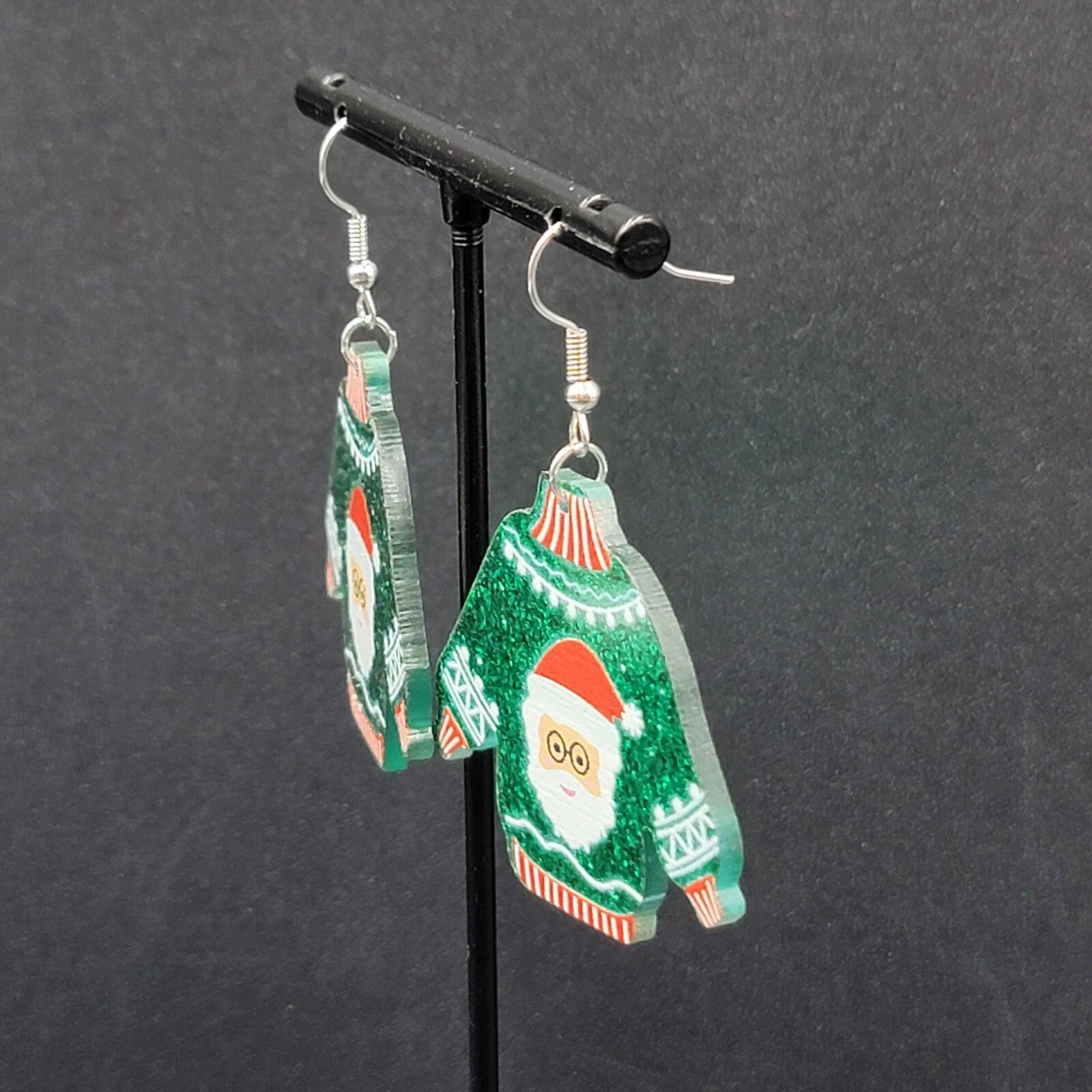 New Pierced Earrings Ugly Christmas Sweater Green Santa Claus Dangle 1.5"