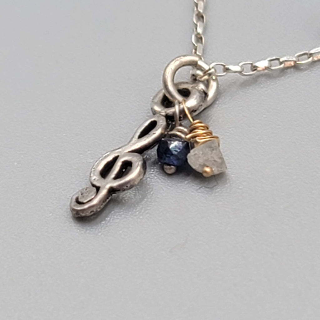Dainty Sterling Silver Treble Clef  Necklace Quartz Bead 18"