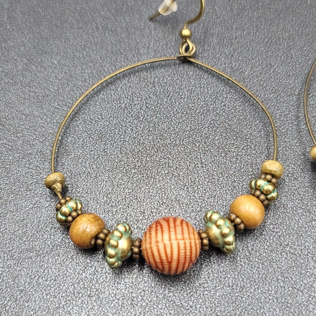 New Boho Pierced Earrings Gold tone Green Accent Wood Beaded Hoops 2"