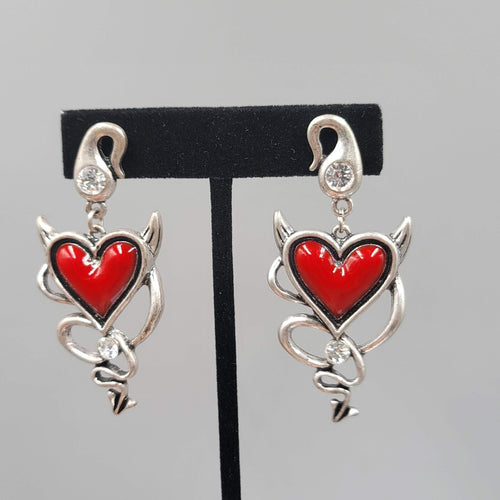 Devil Heart Pierced Earrings Red Enamel Crystal Silver tone Dangle 2 3/8"