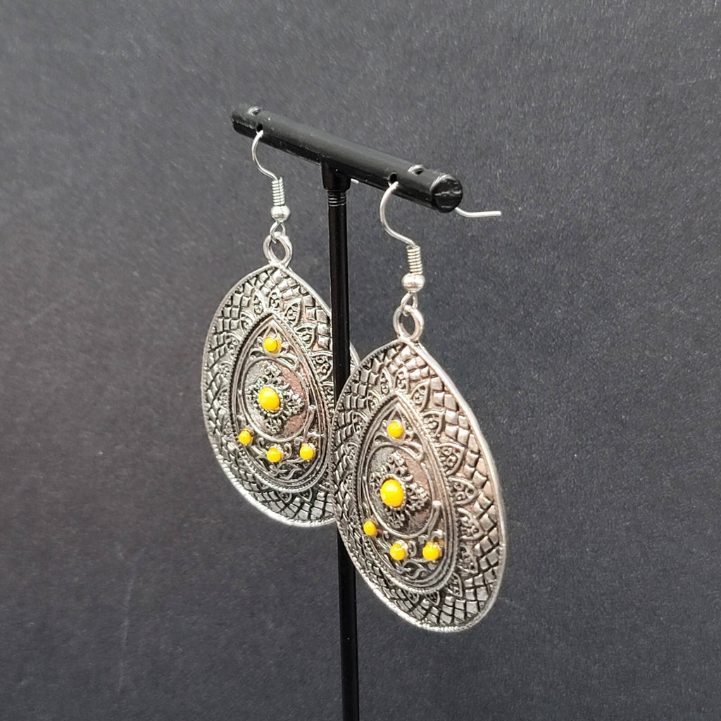 Pierced Earrings Silver tone Teardrop Medallion Yellow Accents Boho 1 7/8"
