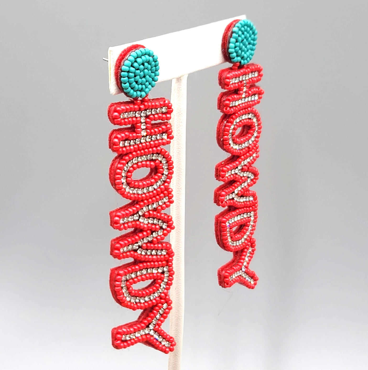 HOWDY Statement Pierced Earrings Red Seed Bead Crystal Long 3.75 in