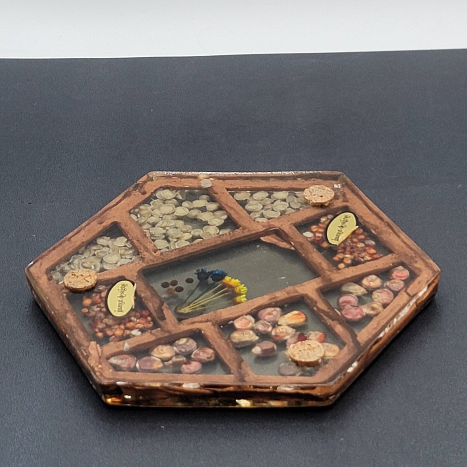 Vintage Gamut Designs Trivet Dried Flowers Seeds Boho Mid Century Hexagon 5.5"