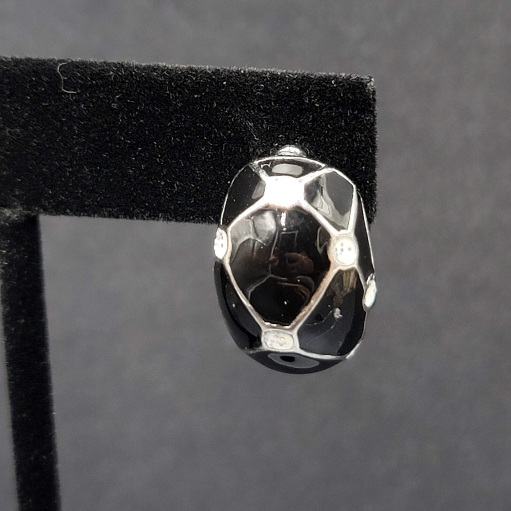 Vintage Pierced Earrings Black Enamel White Glitter Dots Half Hoops 7/8"