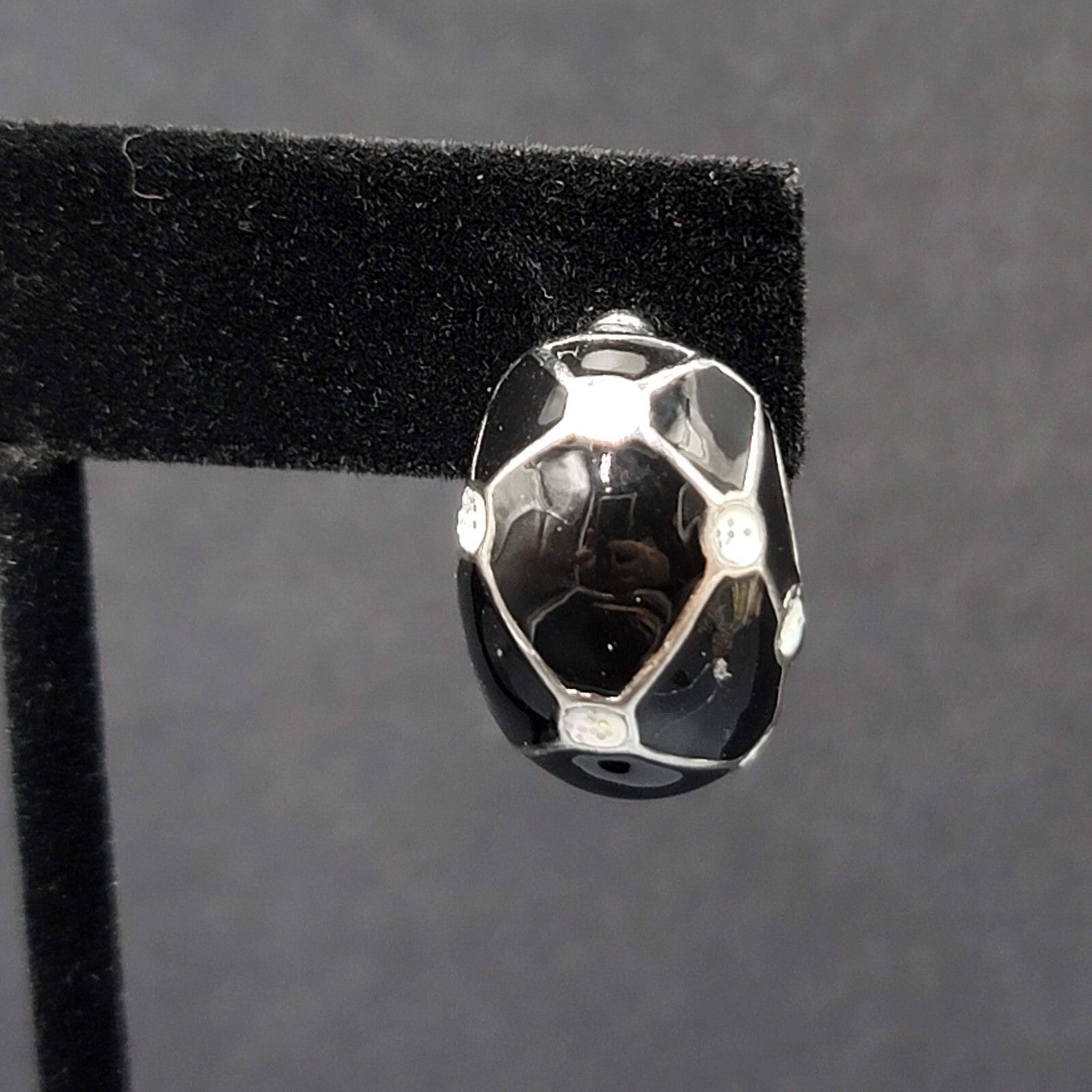 Vintage Pierced Earrings Black Enamel White Glitter Dots Half Hoops 7/8"