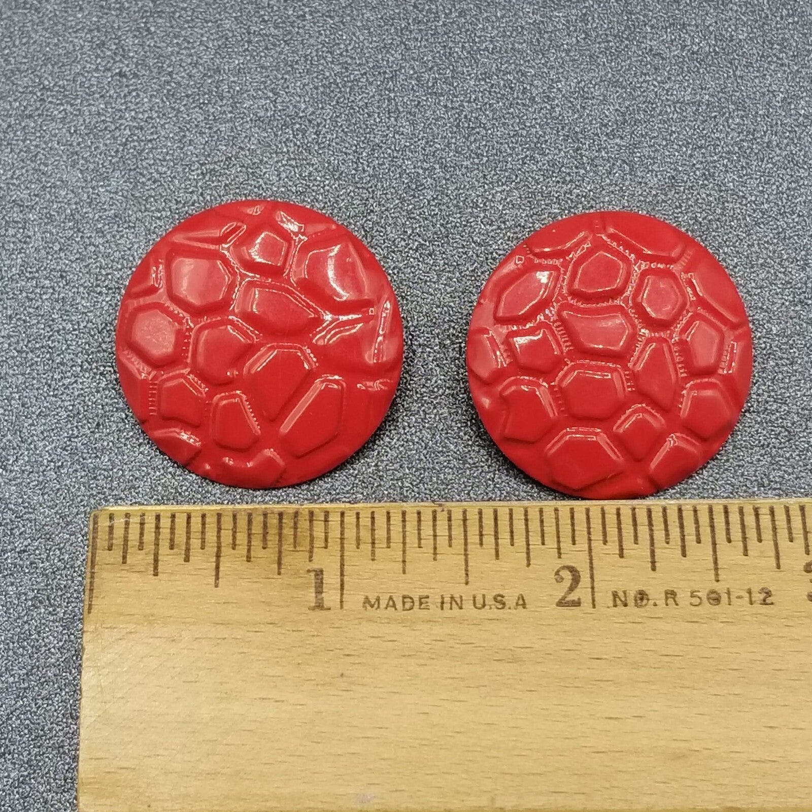 Vintage 1980's Pierced Earrings Red Enamel Textured Dome Drop 1 1/4"