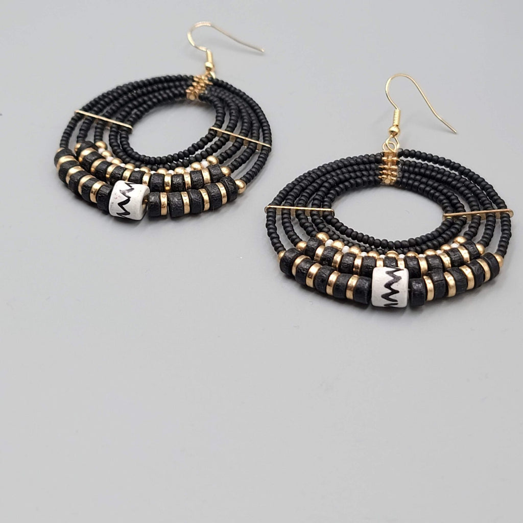 Pierced Earrings Black Gold tone Bead Hoops Boho Dangle 2"
