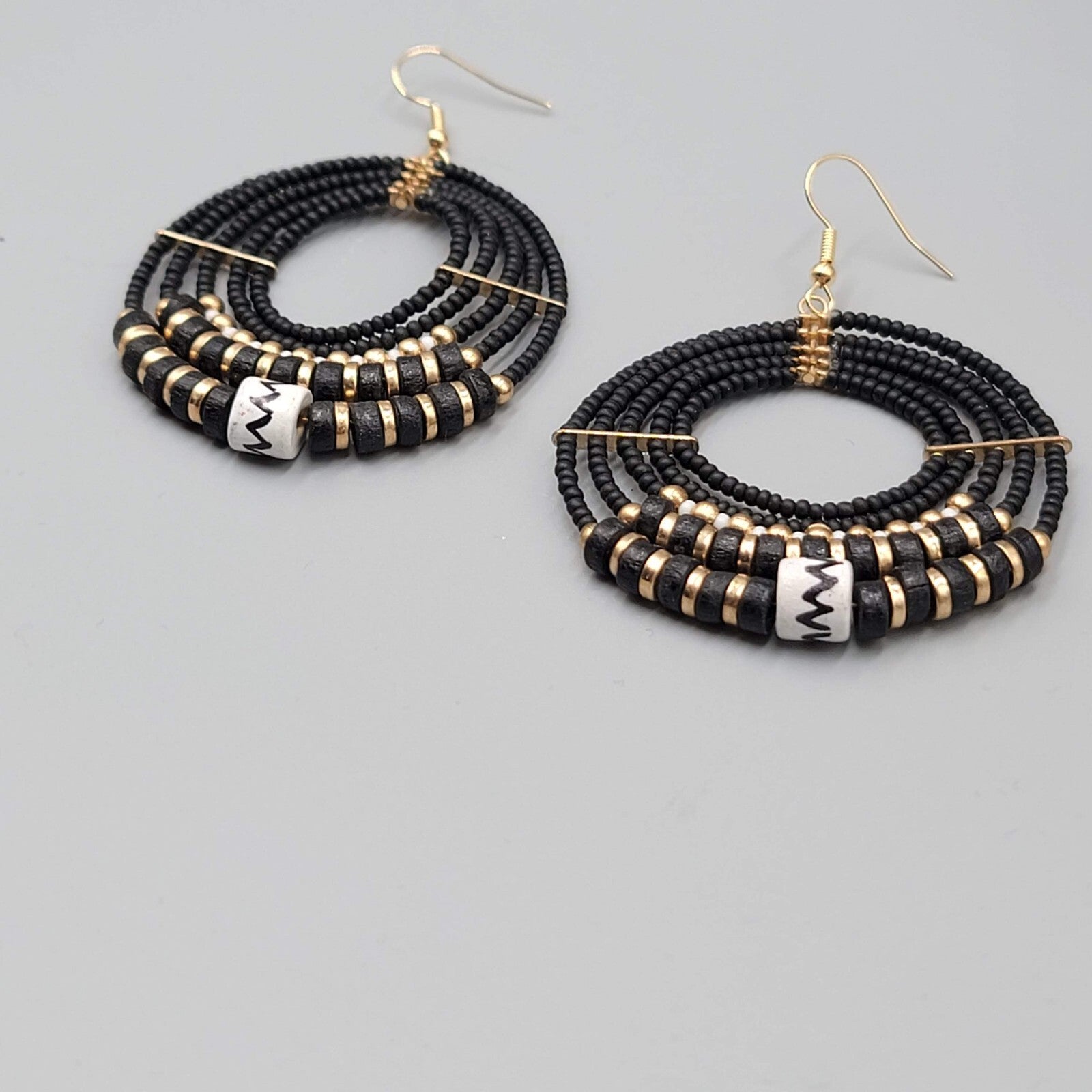 Pierced Earrings Black Gold tone Bead Hoops Boho Dangle 2"