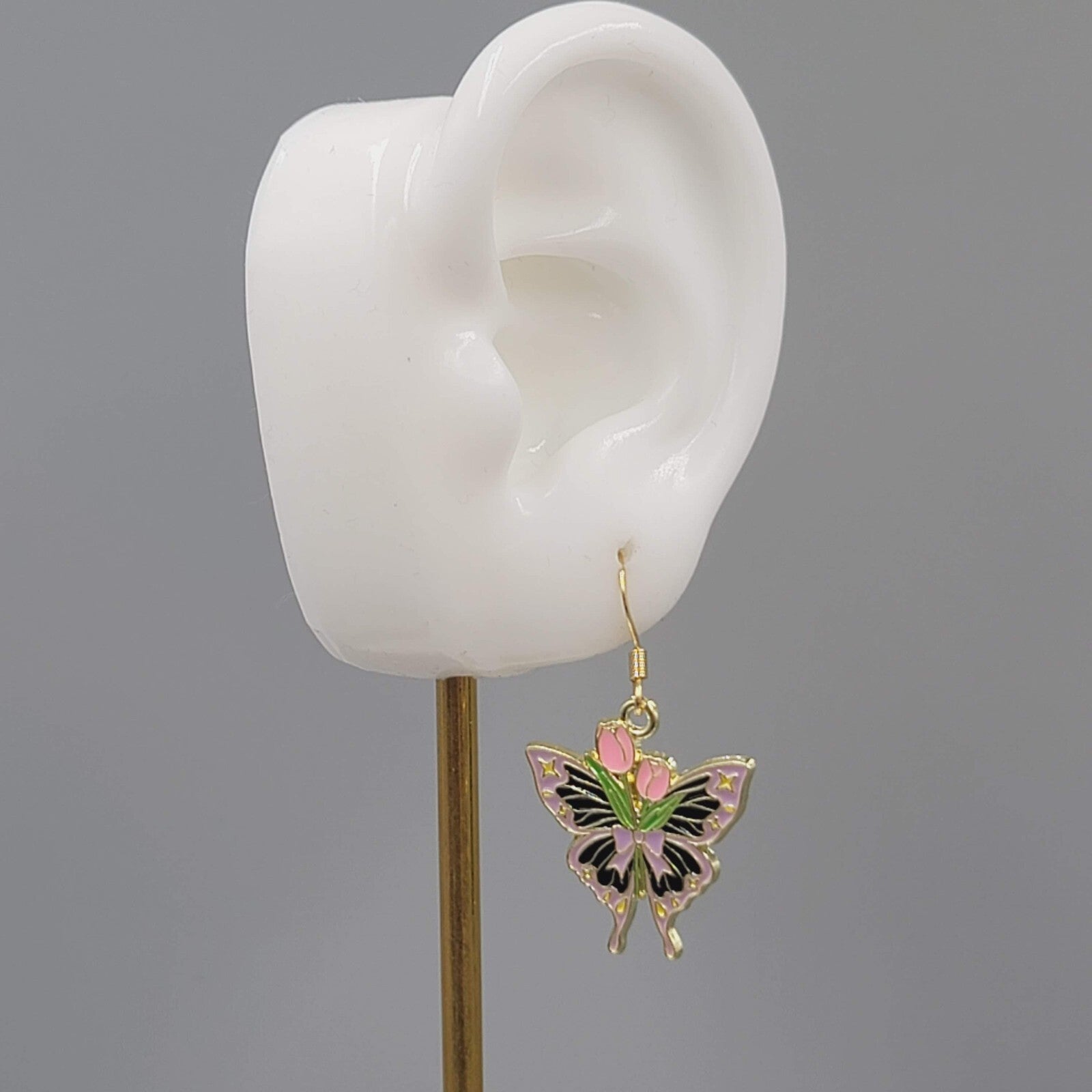 Pink Tulip Purple Moth Enamel Pierced Earrings Gold tone Dangle Butterfly 1"