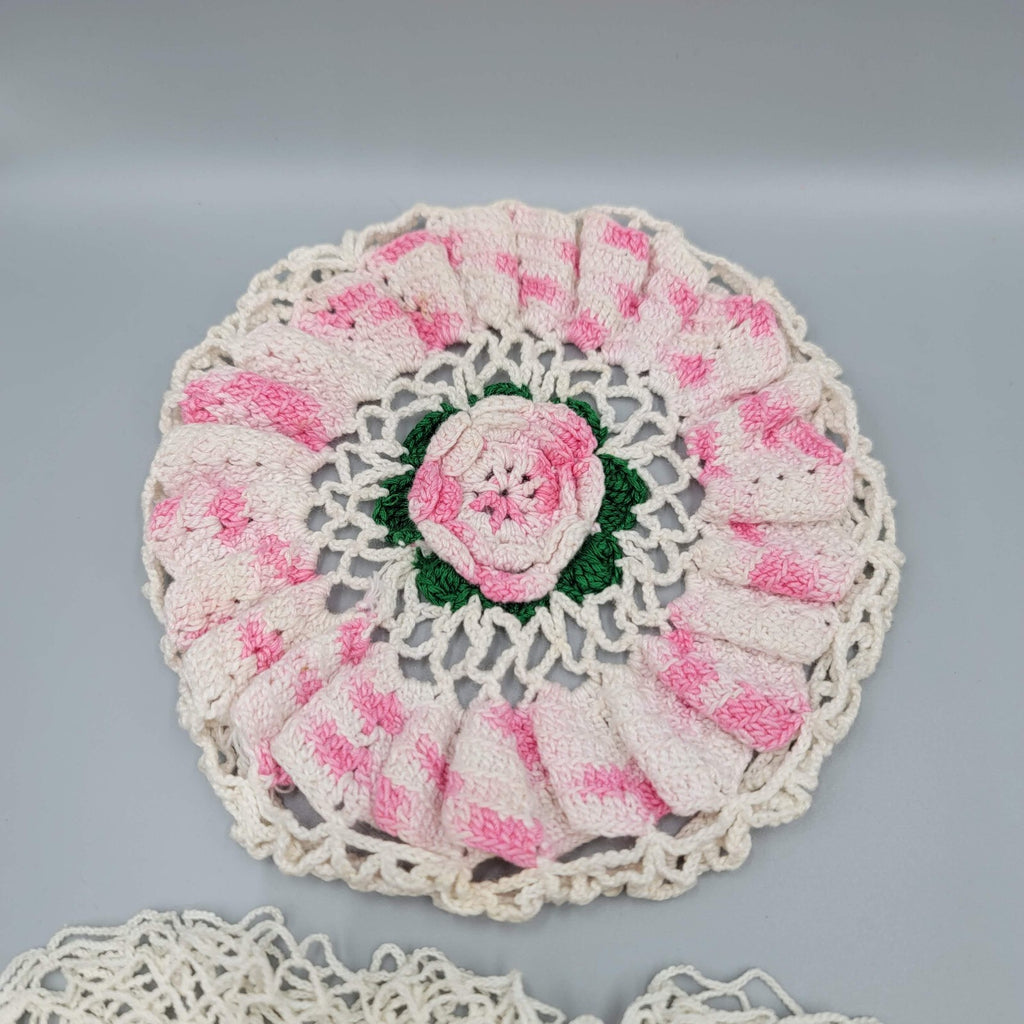 2 Vintage Crocheted Doilies Pink White Green Flowers