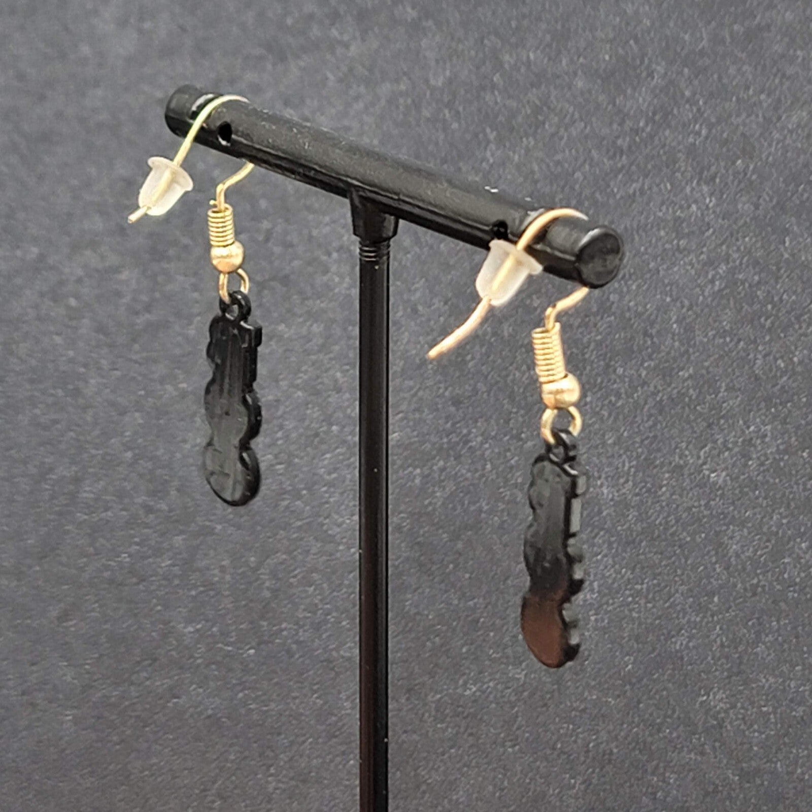 BOO Pierced Earrings Black Enamel Halloween Dangle Gold tone 7/8"