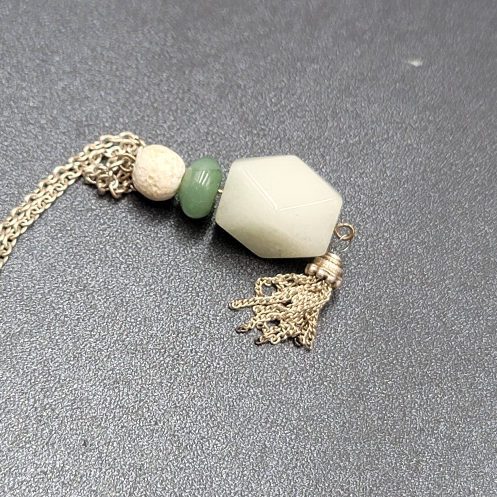 Jadeite Bead Pendant Tassel Necklace Silver tone Chain 20"-23"
