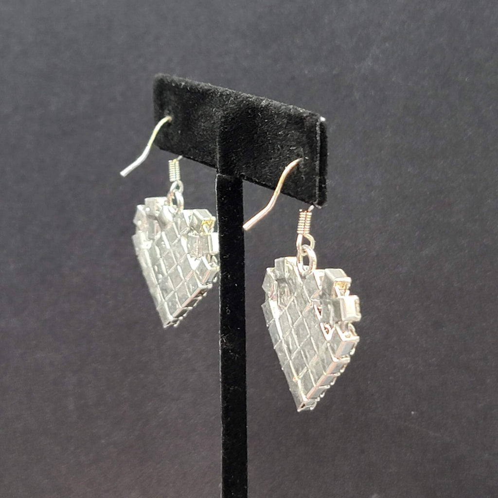 Vintage Pierced Earrings Silver tone Rhinestone Studded Dangle Heart 1"
