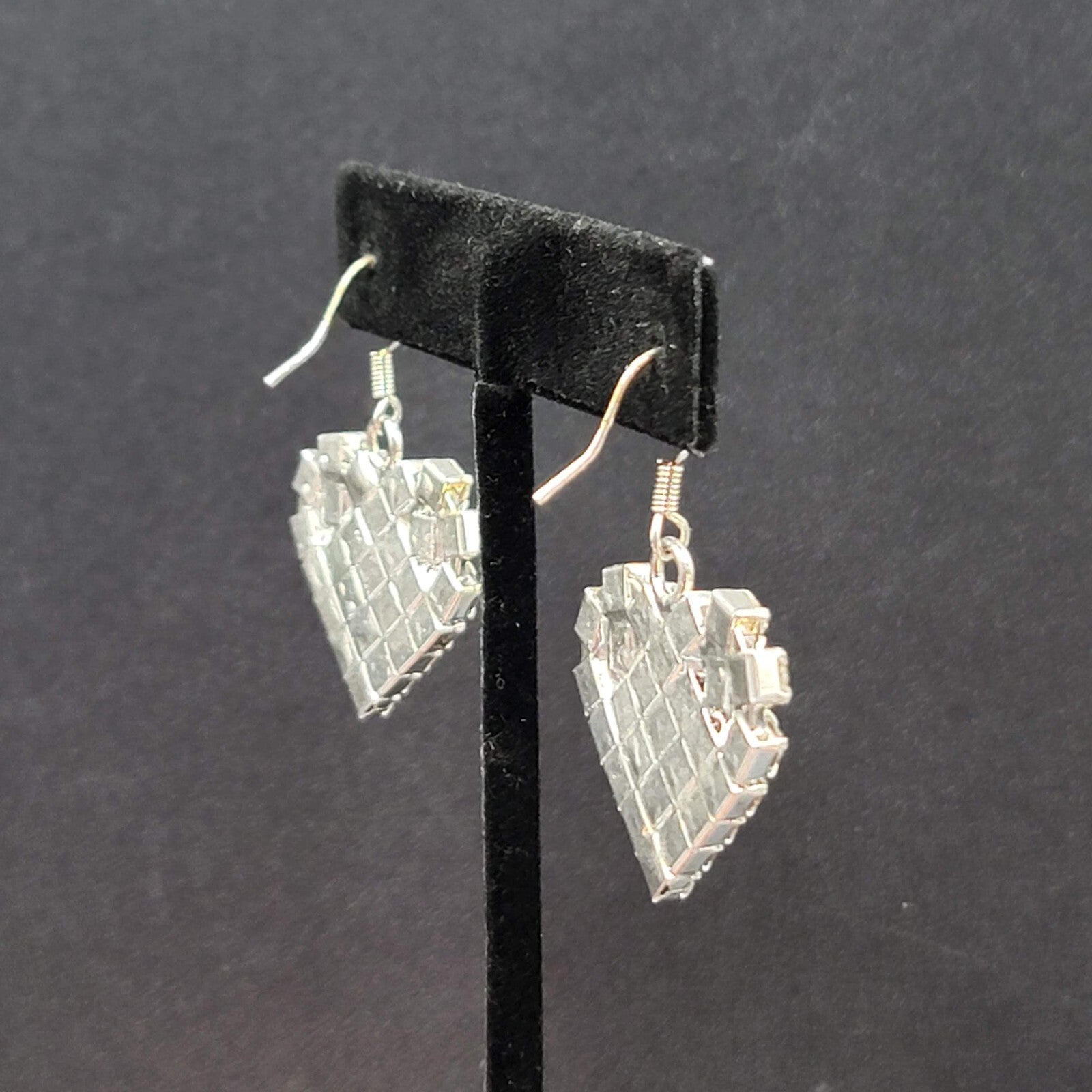 Vintage Pierced Earrings Silver tone Rhinestone Studded Dangle Heart 1"