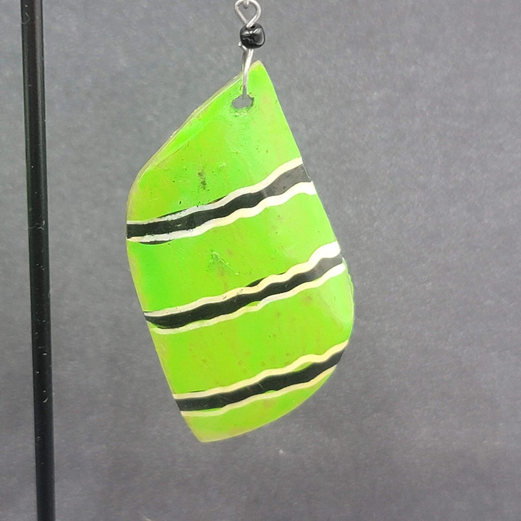 Pierced Earrings Silver tone Green Shell Hand Painted Dangle Acrylic 2.25"
