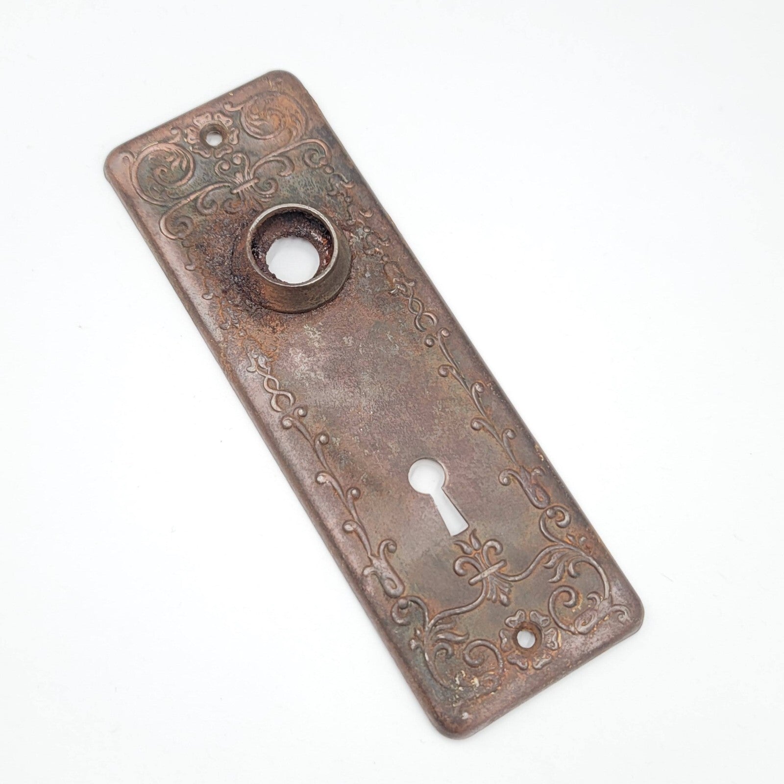 Vintage Ornate Steel Doorknob Back Plate 6" x 2" holes 2.5"