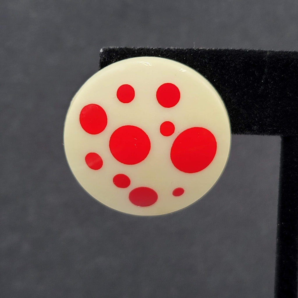 Vintage Pierced Earrings White Acrylic Round Red Polka Dots 1"