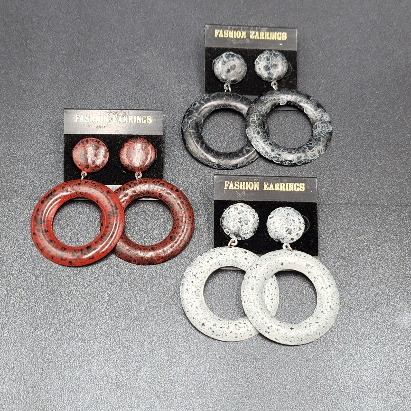 Lot of 3 Pierced Earrings NOS White Gray Red Speckled Enamel Hoops