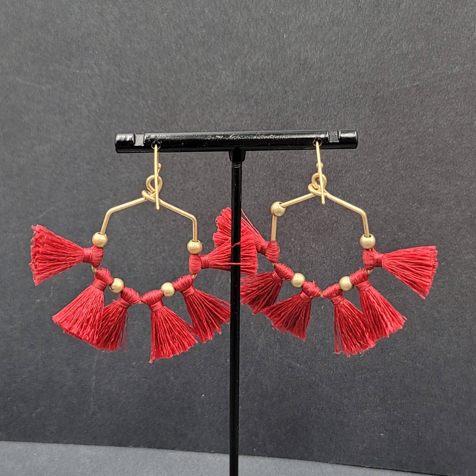 Pierced Earrings Gold tone Red Tassel Fun Fashion Statement Dangle 2"