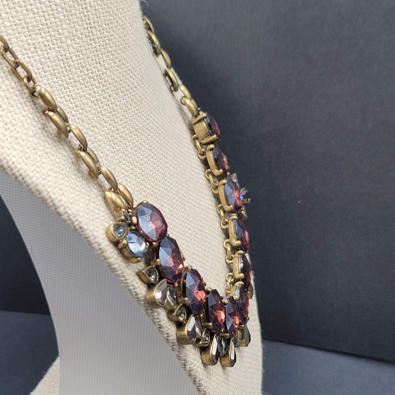 Purple Rhinestone Necklace Bronze tone Bid Statement Chain  20" - 22"