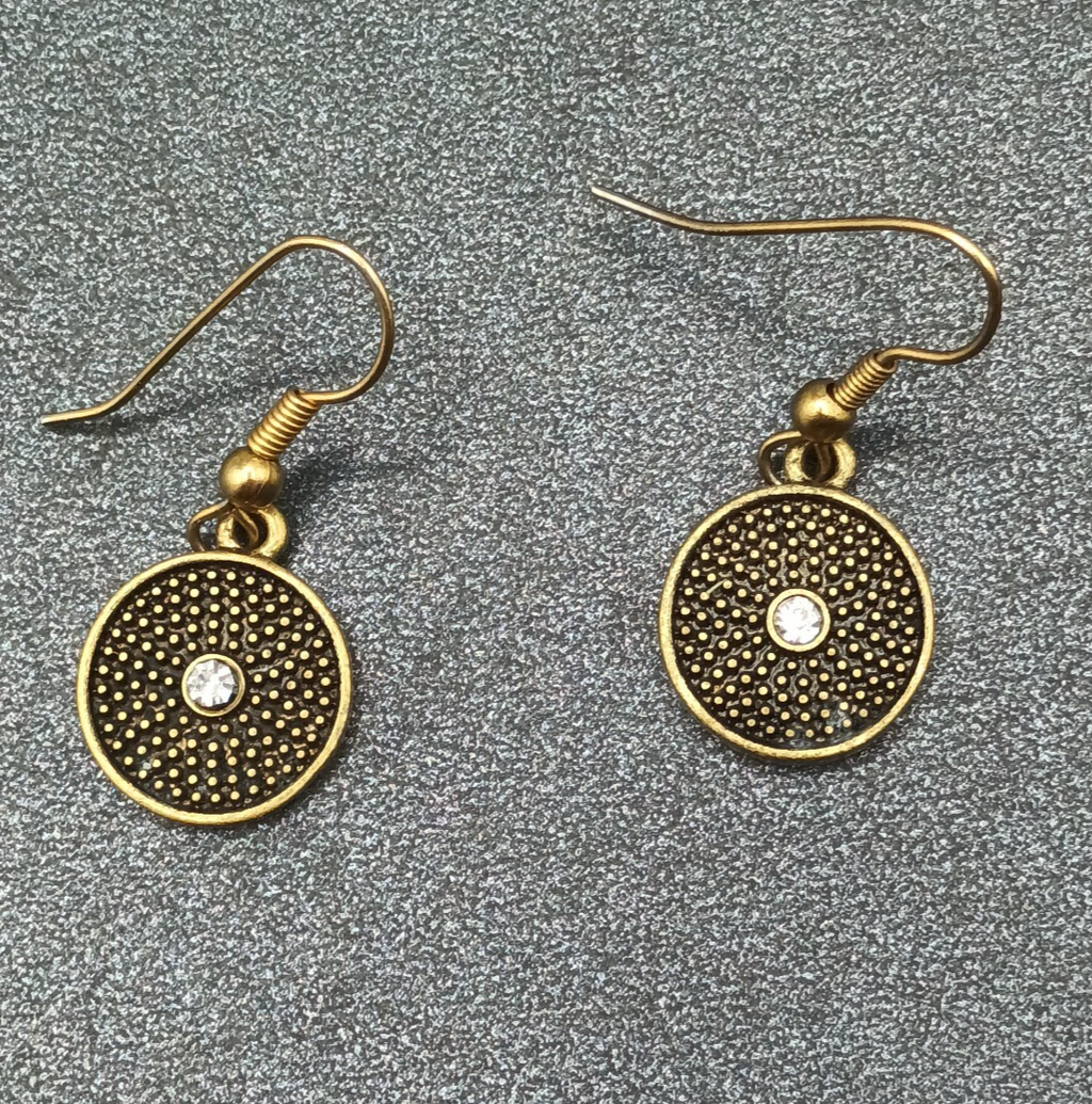Pierced Earrings Textured Bronze tone Crystal Rhinestone Round Dangle Small 1/2"