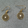 Pierced Earrings Textured Bronze tone Crystal Rhinestone Round Dangle Small 1/2"