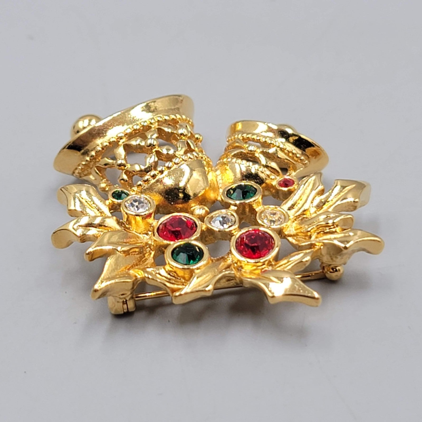 Vintage Avon Christmas Bells Brooch Gold Plated Rhinestone  2"