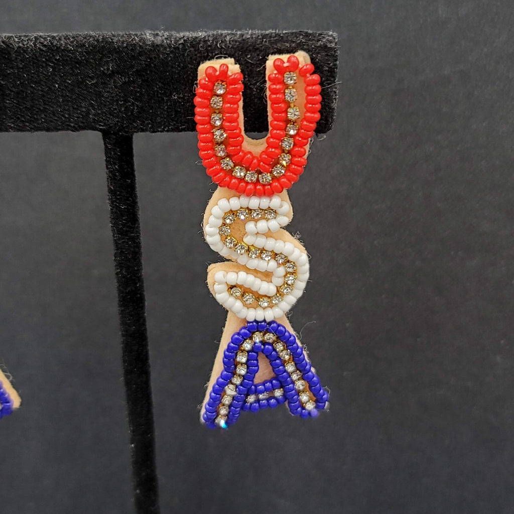 USA Pierced Earrings Beaded Felt Patriotic 4th of July Red White Blue 2.5"