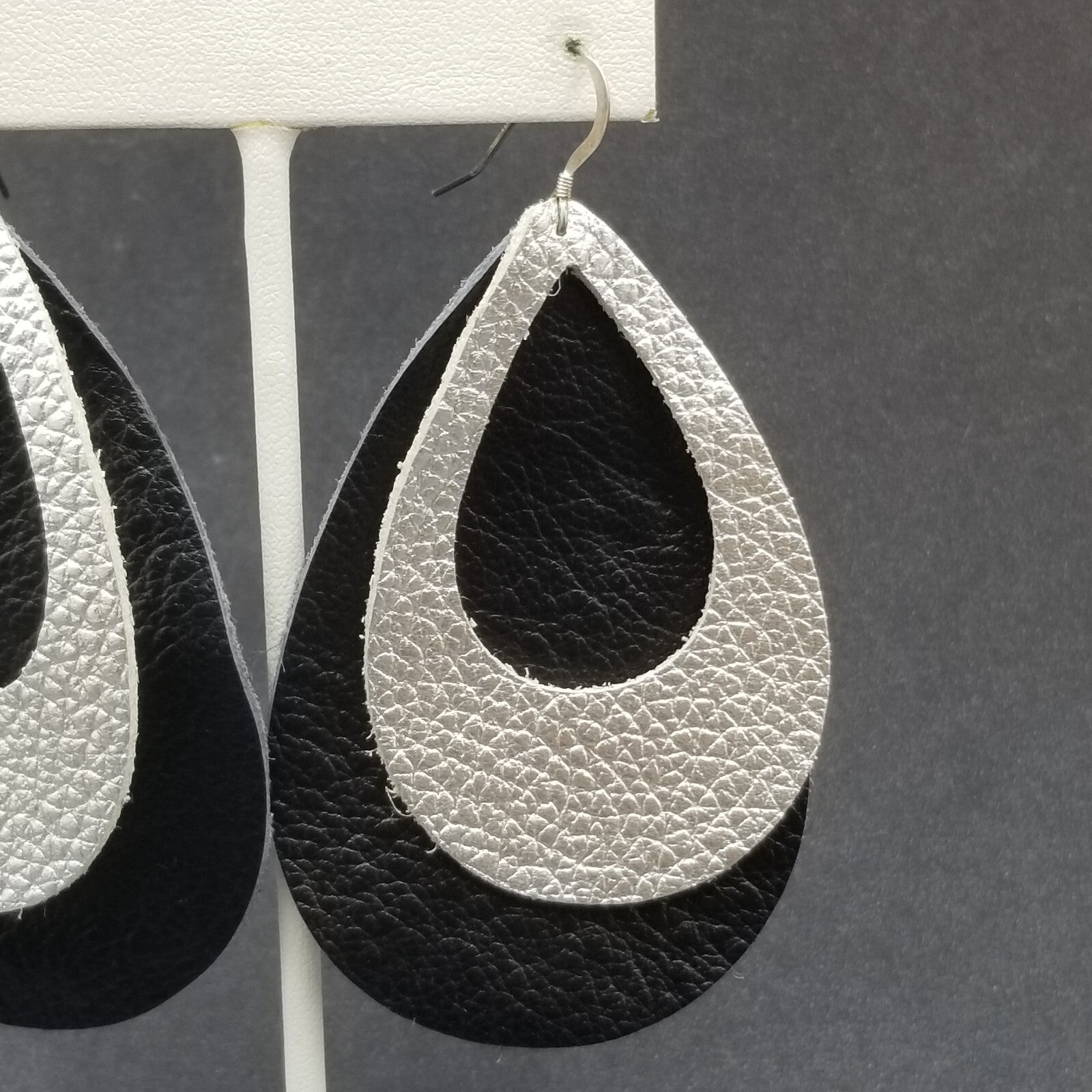 Pierced Earrings Sterling Silver Leather Teardrop Light weight Dangle 3 1/4"