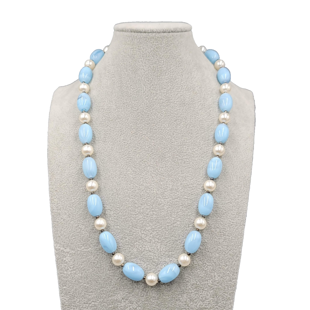 Vintage Swirl Blue Acrylic Necklace White Silver tone Beads 24 in