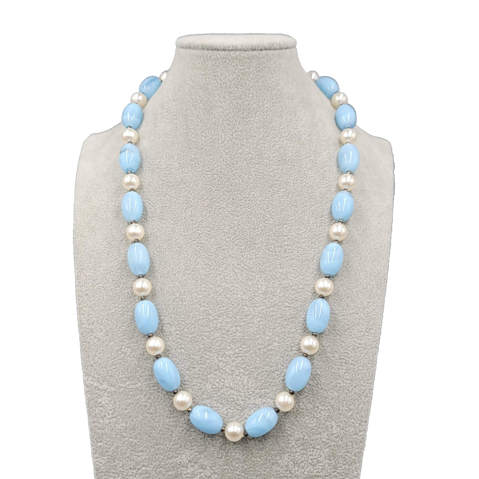 Vintage Swirl Blue Acrylic Necklace White Silver tone Beads 24 in