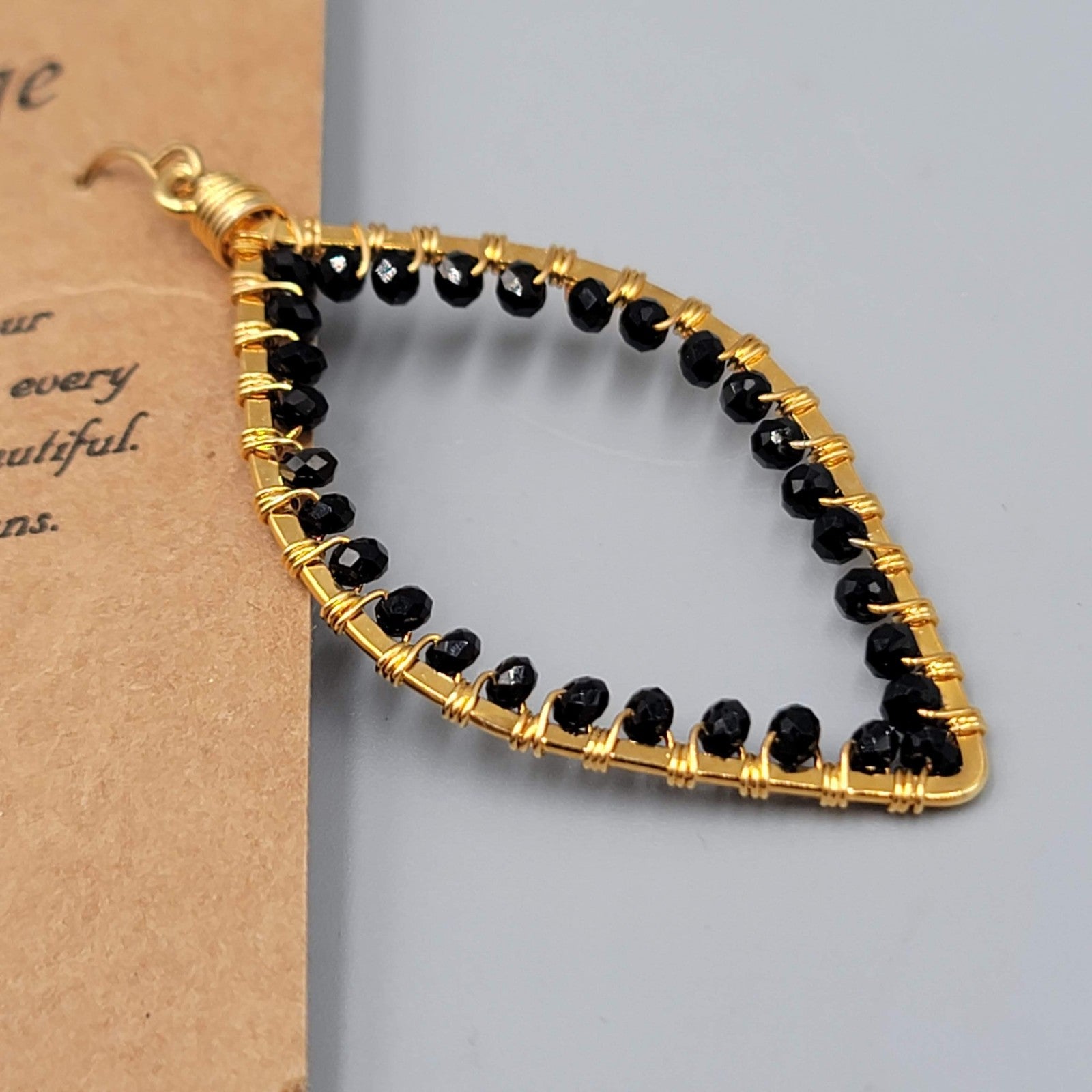 Golden Age Pierced Earrings Gold Wire Leaf Shape Black Bead Handmade Artisan